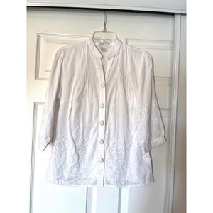 Tweeds Womens White Cotton Eyelet Paisley Embroidered Mandarin Collar Blouse M